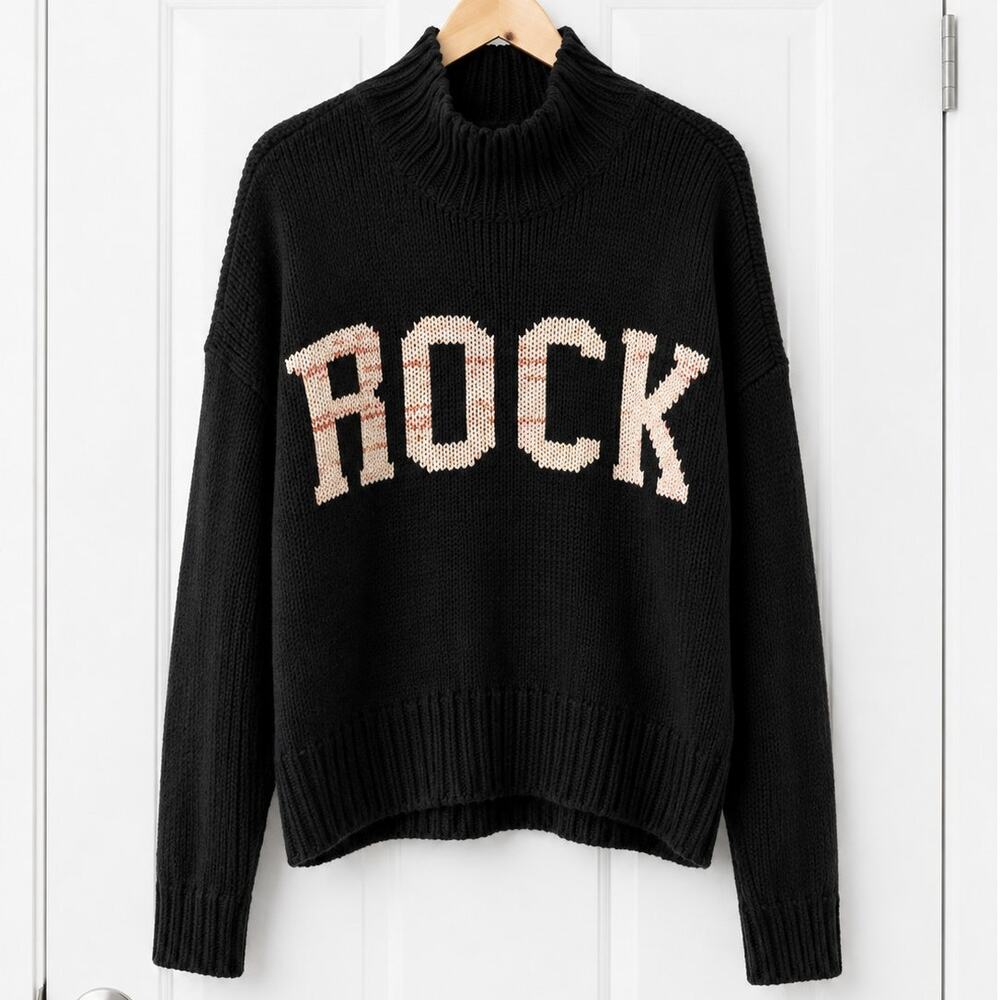 Women’s Black ROCK Graphic Turtleneck Sweater Size Medium Oversized Chunky Knit
